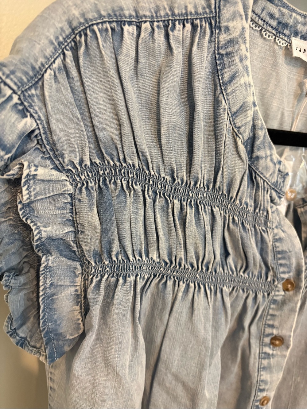 Jane and Delancey Light Blue Smocked Button-Front Chambray Top - Picture 2 of 4